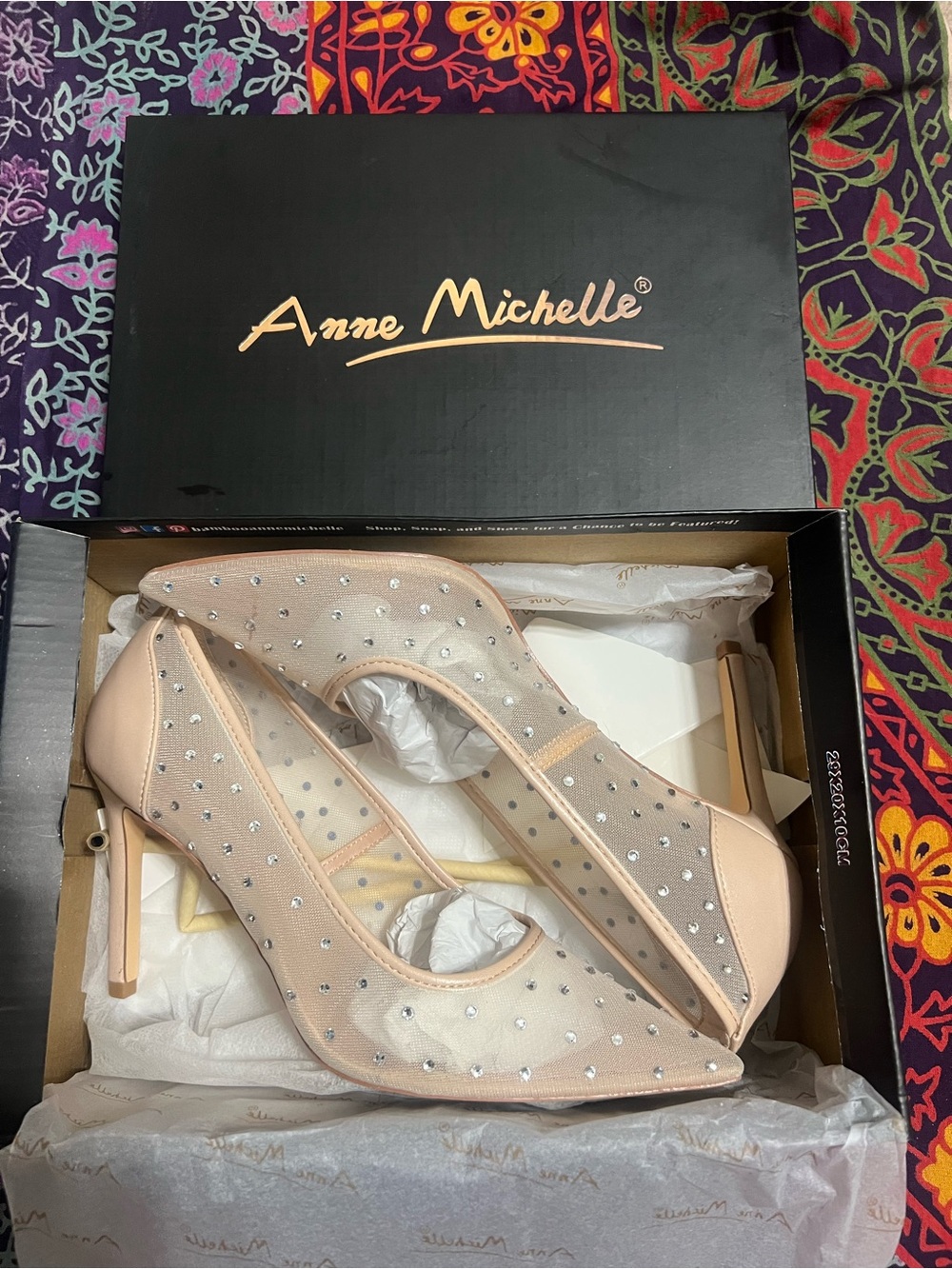Anne Michelle Blush Pink Nude Sz 8.5 Rhinestone Mesh Crystal Heels